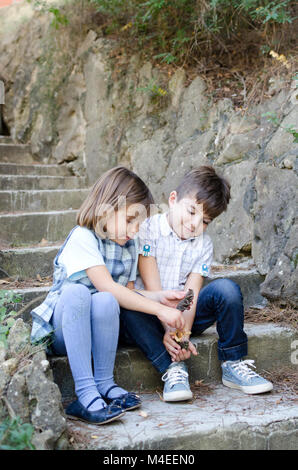 Junge und Mädchen sitzen auf Schritte spielen mit Tannenzapfen Stockfoto