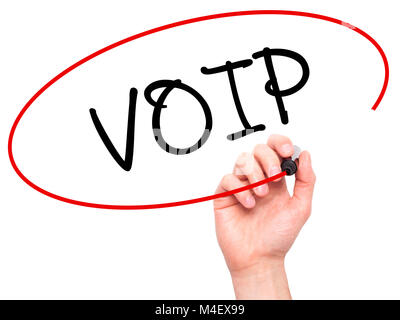 Mann Hand schreiben VOIP mit schwarzem Marker auf visuelle Bildschirm Stockfoto