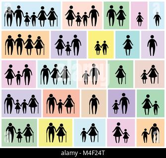 Familie mit Vater, Mutter, Großvater, Großmutter, Tochter, Sohn, Scheidung, alt, allein, glücklich, Paar, Geschwister, Vektor einrichten Stock Vektor