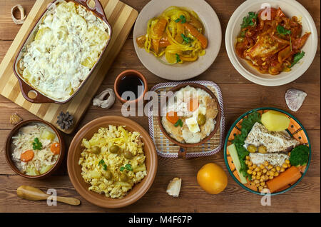 Portugiesische Küche - Traditionelle sortierten Portugal Gerichte, Ansicht von oben. Stockfoto