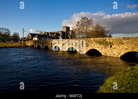 Kloster Zum Heiligen Kreuz 1180 gegründet wurde, mit Blick auf die Brücke über den Fluss Suir in der Flut, in der Nähe der Thurles, County Tipperary, Irland Stockfoto