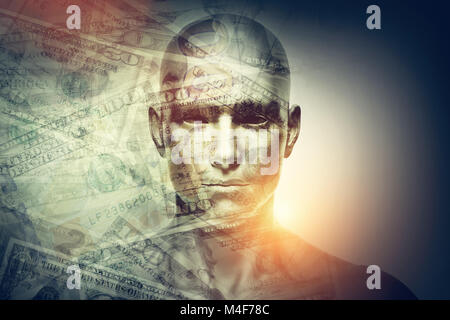 Menschliche Mann Gesicht und Dollar Double Exposure. Stockfoto