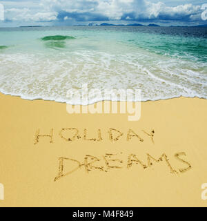 geschrieben in einem tropischen Sandstrand Urlaubsträume Stockfoto