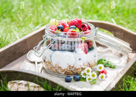 Berry Obst und Joghurt mit Müsli im Garten serviert. Stockfoto