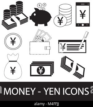 Satz, Sammlung oder Packung mit Yen und Yuan Renminbi Währung Symbol oder Logo. Münzen, Noten oder Rechnungen, Handy oder Mobiltelefon oder prüfen. Symbol für Japanische oder C Stock Vektor