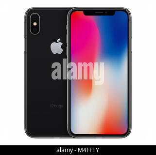 Platz Grau Apple iPhone X mockup Frontansicht mit Tapeten und iPhone 10 zurück Seite dahinter. Stockfoto