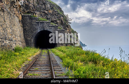 Eisenbahn und Tunnel arch am Ufer des Baikalsees. Bewölkt Wetter im Sommer morgen Stockfoto