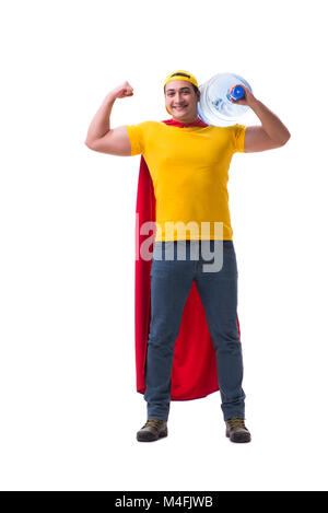 Man liefert Flasche Wasser isoliert auf weiss Stockfoto