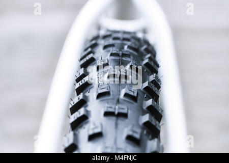 Neu und sauber Black Mountain bike Hinterrad detail und 29 x 2,2 Reifen close up, abstrakten mit weißem Hintergrund Stockfoto