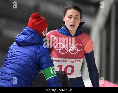 Pyeongchang, Südkorea. 16. Februar, 2018. Laura Deas (GBR). Frauen Skelett. Alpensia cemtre schieben. Pyeongchang 2018 Winter Olympics. Alpensia. Republik Korea. Credit: Sport in Bildern/Alamy leben Nachrichten Stockfoto