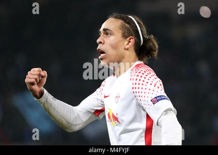 Neapel, Italien. 15 Feb, 2018. Leipziger Yussuf Poulsen feiert während der UEFA Europa League Fußball Spiel SSC Neapel vs RB Leipzig in Neapel, Italien, 15. Februar 2018. Kredite: Jan Woitas/dpa-Zentralbild/dpa/Alamy leben Nachrichten Stockfoto