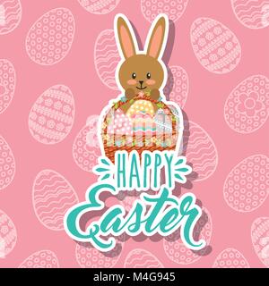 Kaninchen mit dekorativen Korb mit Eiern frohe Ostern Stock Vektor
