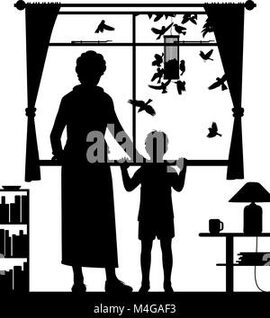 Editable vector silhouette Abbildung einer Frau und Kind beobachten Vögel an einem hängenden Einzug durch ein Fenster mit allen Figuren als separate Objekte Stock Vektor