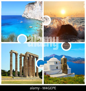 Foto Collage in Puzzleteile mit griechischen Fotos - Ionische Inseln, Strand, Sonnenuntergang, orthodoxe Kapelle, antike Sehenswürdigkeiten Stockfoto