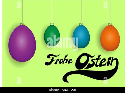 Deutsche Frohe Ostern Hintergrund mit vier farbigen Ostereier, Vektor, Abbildung Stock Vektor