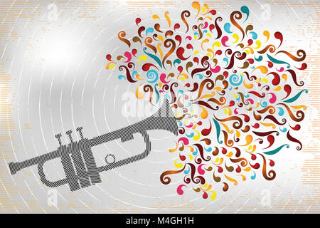 Retro Abbildung des Jazz Trompete in Stempel Design mit bunten Wirbel am interessant gestalteten Hintergrund Stockfoto