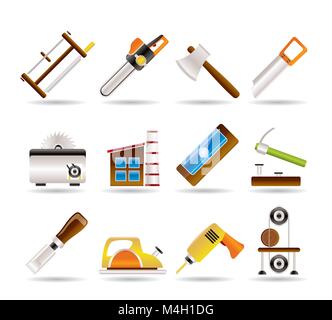 Holzverarbeitende Industrie und Werkzeuge für die Holzbearbeitung Symbole - Vektor Icon Set Stock Vektor