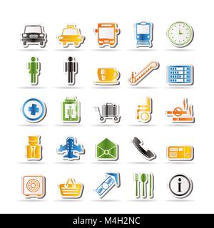Flughafen, Reise und Verkehr vektor Icon Set Stock Vektor