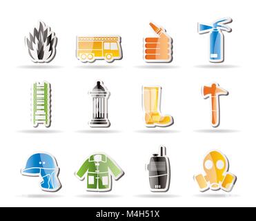 Einfache Feuerwehr- und Feuerwehrmann Ausrüstung icon-Vektor Icon Set Stock Vektor