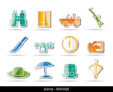 Safari-, Jagd- und Urlaub Symbole - Vektor Icon Set Stock Vektor