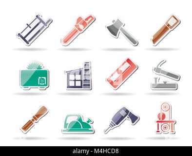 Holzverarbeitende Industrie und Werkzeuge für die Holzbearbeitung Symbole - Vektor Icon Set Stock Vektor