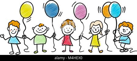 Happy Doodle Kinder mit Luftballons. Handskizzen doodles in schönen Outfits und Kostüme. Moderne Vektor Grafik im Comic-Stil isoliert. Stock Vektor