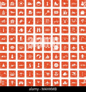 100 Spielzeug für Kinder Icons Set grunge orange Stock Vektor