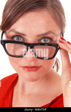 Nahaufnahme von Frau mit Brille. Stockfoto