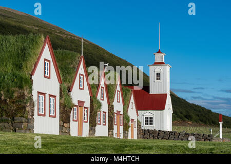 Alte isländische Torfhäuser Laufás, Open-air Museum, den Eyjafjörður, North-Iceland, Island Stockfoto