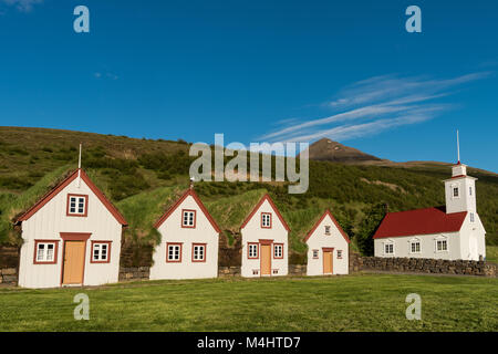 Alte isländische Torfhäuser Laufás, Open-air Museum, den Eyjafjörður, North-Iceland, Island Stockfoto