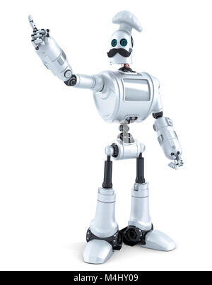 Robot Koch zeigt auf weißem Hintergrund. 3D-Darstellung. Isoliert. Enthält Freistellungspfaden. Stockfoto