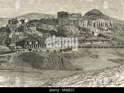 Die Akropolis, Athen, 19. Jahrhundert Gravur Stockfoto