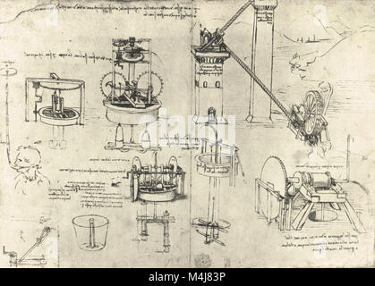 Underwater Breathing Apparatus, Saugpumpen und Archimedes Rohre, gezeichnet von Leonardo Da Vinci, circa 1475-80 Stockfoto