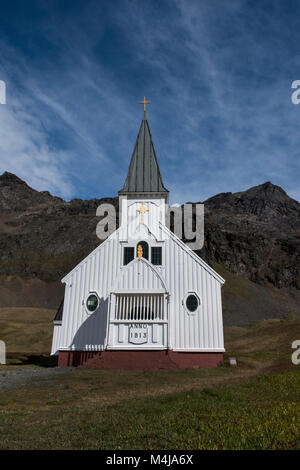 Britisches Territorium, Südgeorgien, King Edward Cove. Historischen Walfang Beilegung von grytviken. Die Kirche, aka die Walfänger Kirche, ist eine der am meisten s Stockfoto