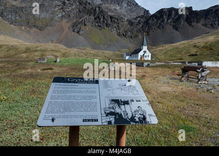 Britisches Territorium, Südgeorgien, King Edward Cove. Historischen Walfang Beilegung von grytviken. Die Kirche, aka die Walfänger Kirche. Stockfoto