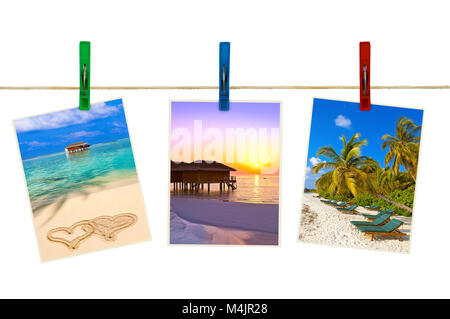Malediven Strand Bilder (meine Fotos) auf Wäscheklammern Stockfoto