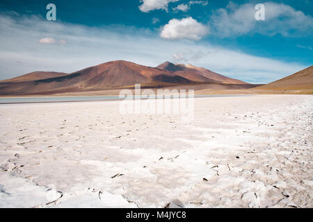 Tuyajto Lagune und Salzsee in den Anden Altiplano (Hochebene) über 4000 Meter über dem Meeresspiegel mit salzkruste in der Ufer, Los Flamencos Na Stockfoto