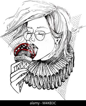 Hand Mädchen in Gläser essen Pilz im Hinblick auf Eis. Gift essen. Vektor Skizze Abbildung. Tattoo Thema. Stock Vektor