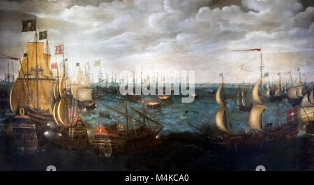 Spanische Armada. Gemälde mit dem Titel "Starten von Fireships gegen die spanische Armada, 7. August 1588", niederländischen Schule, Öl auf Leinwand, c.1590. Stockfoto