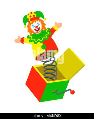 Jester herausspringt. Lassen sie sich überraschen Witz für April Fools Day. Jack in einer Box Spielzeug. Vektor Cartoon Illustration Stock Vektor