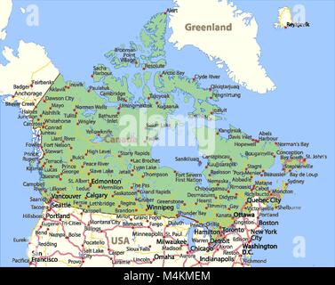 Karte von Kanada. Zeigt die Ländergrenzen, Ortsnamen und Straßen. Beschriftungen in Englisch, wo dies möglich ist. Projektion: Lambert Konform Konisch. Stock Vektor
