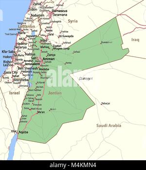 Karte von Jordanien. Zeigt die Ländergrenzen, städtischen Gebieten, Ortsnamen und Straßen. Beschriftungen in Englisch, wo dies möglich ist. Projektion: Mercator. Stock Vektor