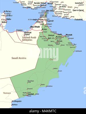 Karte von Oman. Zeigt die Ländergrenzen, Ortsnamen und Straßen. Beschriftungen in Englisch, wo dies möglich ist. Projektion: Mercator. Stock Vektor