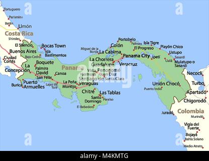 Karte von Panama. Zeigt die Ländergrenzen, städtischen Gebieten, Ortsnamen und Straßen. Beschriftungen in Englisch, wo dies möglich ist. Projektion: Mercator. Stock Vektor