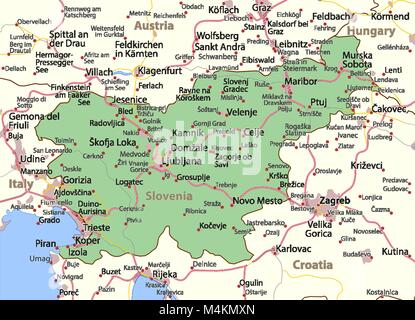 Karte von Slowenien. Zeigt die Ländergrenzen, städtischen Gebieten, Ortsnamen und Straßen. Beschriftungen in Englisch, wo dies möglich ist. Projektion: Mercator. Stock Vektor