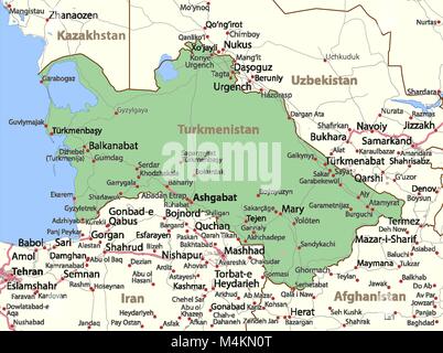 Karte von Turkmenistan. Zeigt die Ländergrenzen, städtischen Gebieten, Ortsnamen und Straßen. Beschriftungen in Englisch, wo dies möglich ist. Projektion: Mercator. Stock Vektor
