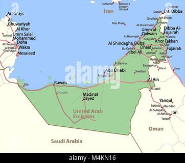 Karte der Vereinigten Arabischen Emirate. Zeigt die Ländergrenzen, städtischen Gebieten, Ortsnamen und Straßen. Beschriftungen in Englisch, wo dies möglich ist. Projektion: Mercator. Stock Vektor