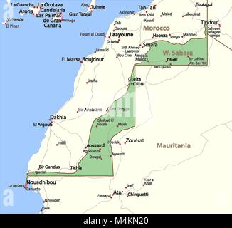 Karte von Westsahara. Zeigt die Ländergrenzen, städtischen Gebieten, Ortsnamen und Straßen. Beschriftungen in Englisch, wo dies möglich ist. Projektion: Mercator. Stock Vektor