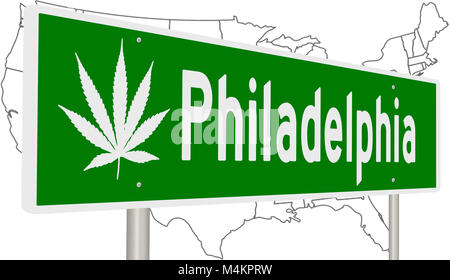 Rendering von einem grünen Hinweisschild mit Marihuana Blatt für Philadelphia Stockfoto