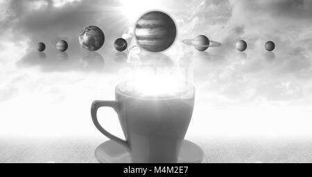 Tasse Tee mit surrealen Planeten im Sonnensystem und Wolken Stockfoto